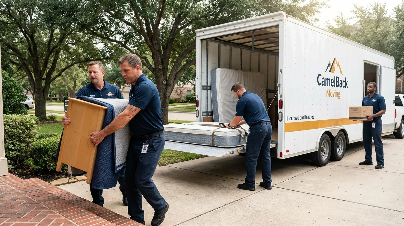 Crew loading residential truck for cross-state move from Pinole, CA