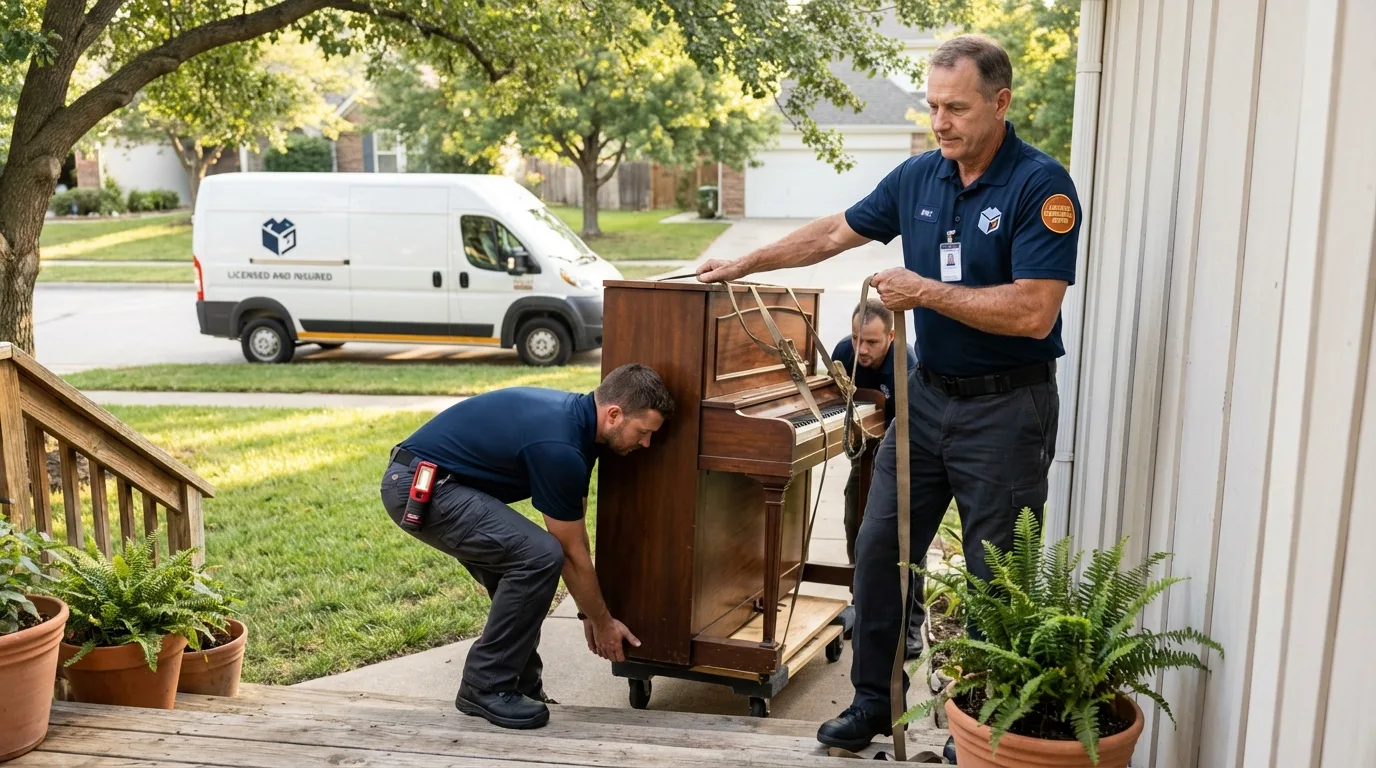 Licensed piano movers securing grand piano in Pinole, CA