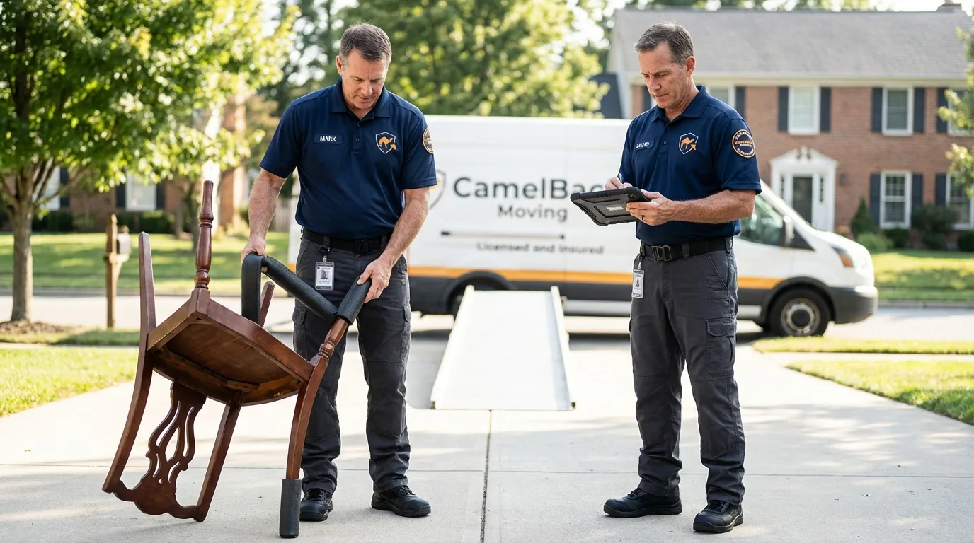Movers inspecting furniture for damage prevention before loading in Pinole, CA